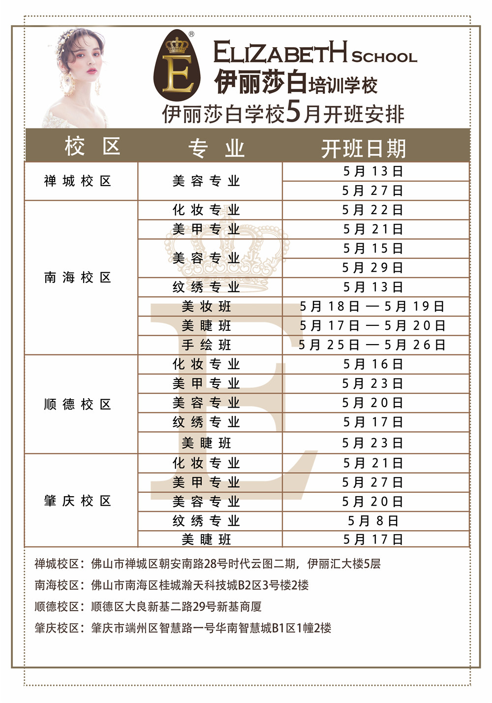 伊丽莎白美容学校5月开班时间表 伊丽莎白美容培训学校2019年5月份美容、化妆、美甲、纹绣半永久培训课程开班安排，包括伊丽莎白培训学校佛山禅城校区、佛山南海校区、顺德校区、肇庆校区